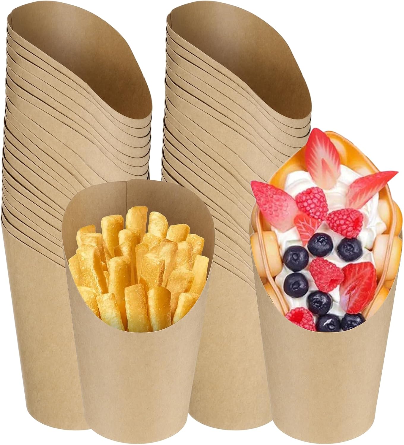 uxcell 50Pcs French Fry Holder, 16oz Disposable Kraft French Fries Holder Paper Charcuterie Cups Popcorn Paper Cones for Waffle Ice Cream, Take Out Birthday Party Supplies,(5.1" H Brown)