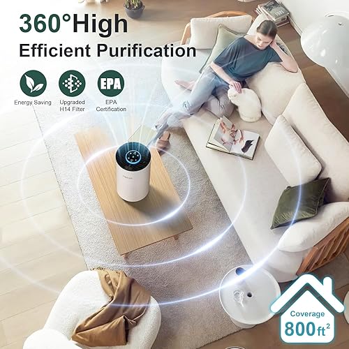 Miniatura 3 de Purificadores de aire para el dormitorio del hogar de hasta 800 pies cuadrados, limpiador de filtro de aire VNIUP H14 True HEPA para dormitorio con