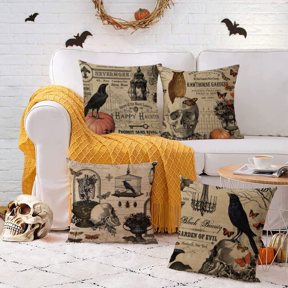 Juego De 4 Fundas De Almohada De Halloween De 20 X 20 Pulgadas, Lino Al