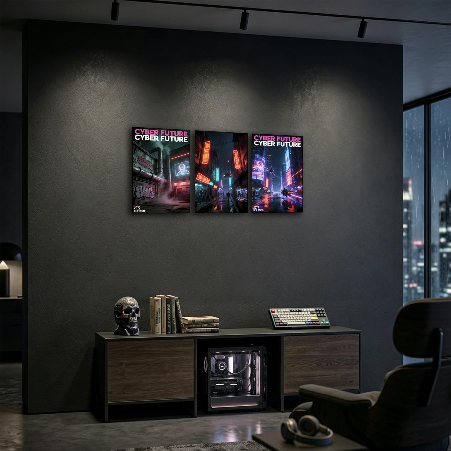 3pcs Anime Wall Art Cyberpunk Decor for Boys Bedroom Wall Decor Futuristic Street Pop Art Prints Pictures Neon Night Cityscape Gamer Wall Decor Modern Pop Gamer Posters for Boys Room Playroom Home Decorations (B, 12x16in(30x40cm), Framed) image 4