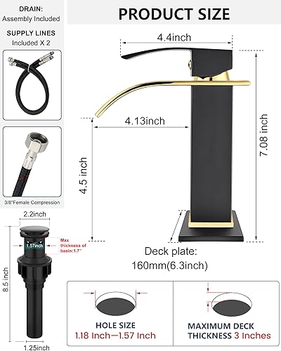 Miniatura 7 de Midanya Grifo de baño en cascada, grifo de lavabo de baño de una sola manija con placa de cubierta y drenaje emergente, grifo de baño de oro pulido