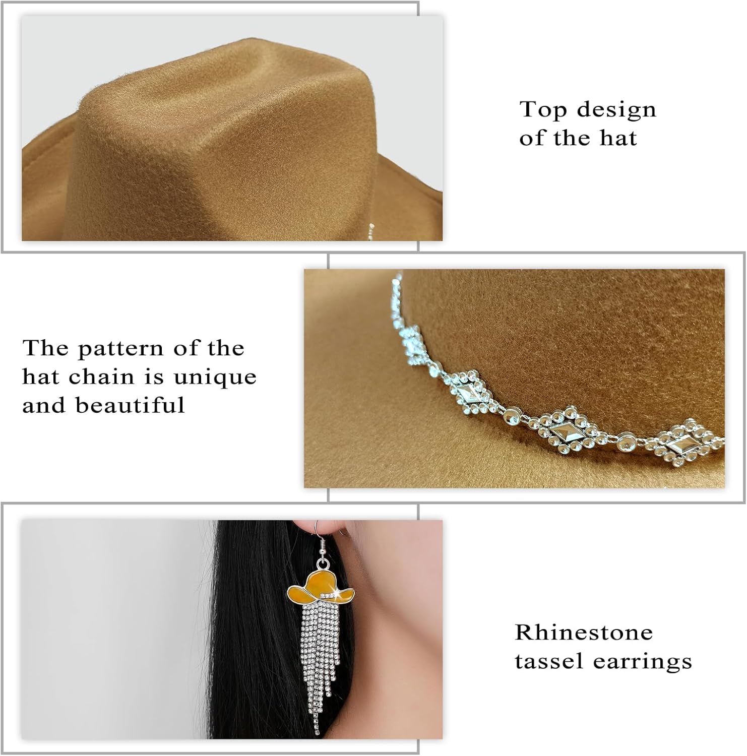 Western Cowgirl Hat for Women Men, Fedora Wide Brim Rhinestone Cowboy Hat with Bandana and Cowgirl Tassels Earrings - Image 3