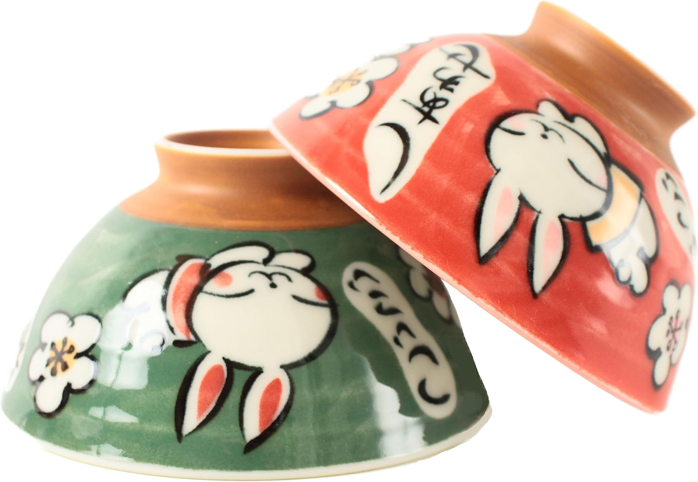 Amazon.com | Mino ware Japanese Pottery Pair Rice Bowl Happy Rabbit ...