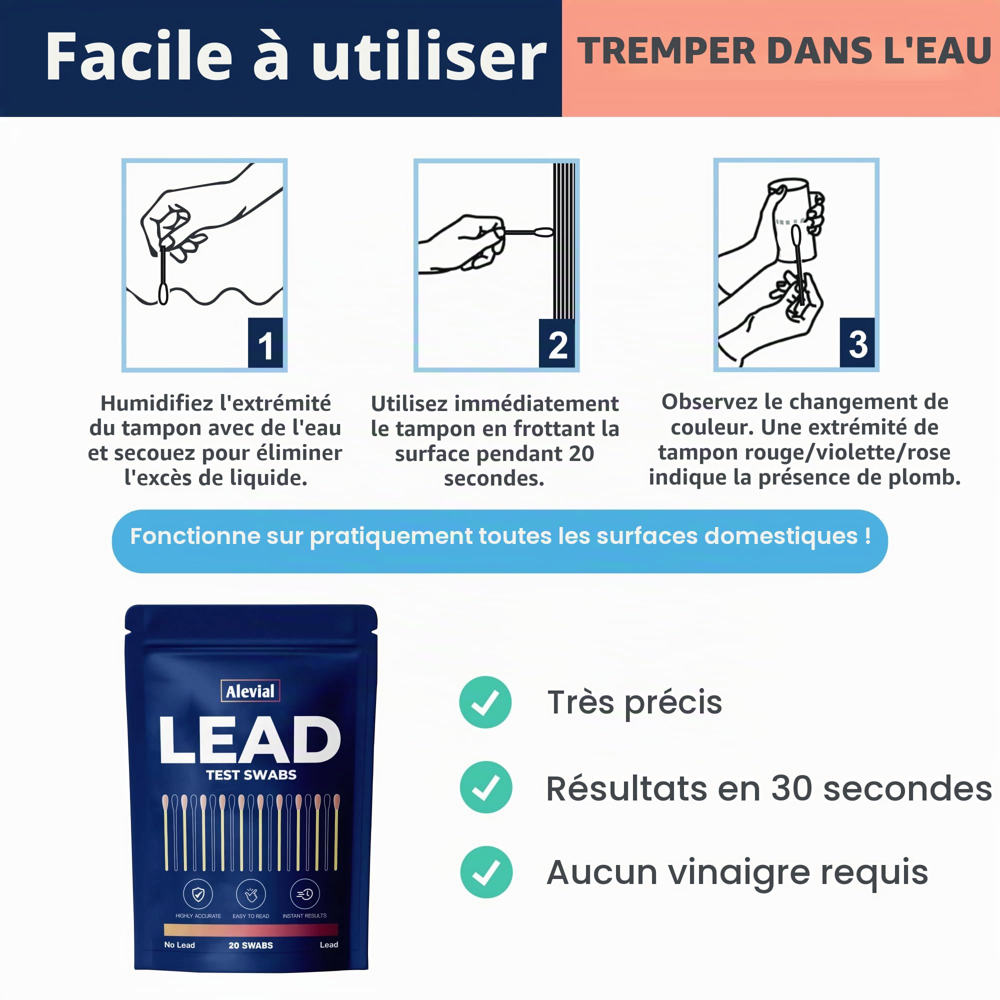 Kit de test de plomb 20 écouvillons instantanés pour la maison dans l'eau (pas de vinaigre nécessaire) Détecteur de plomb Plats Peinture Détection de surface métallique