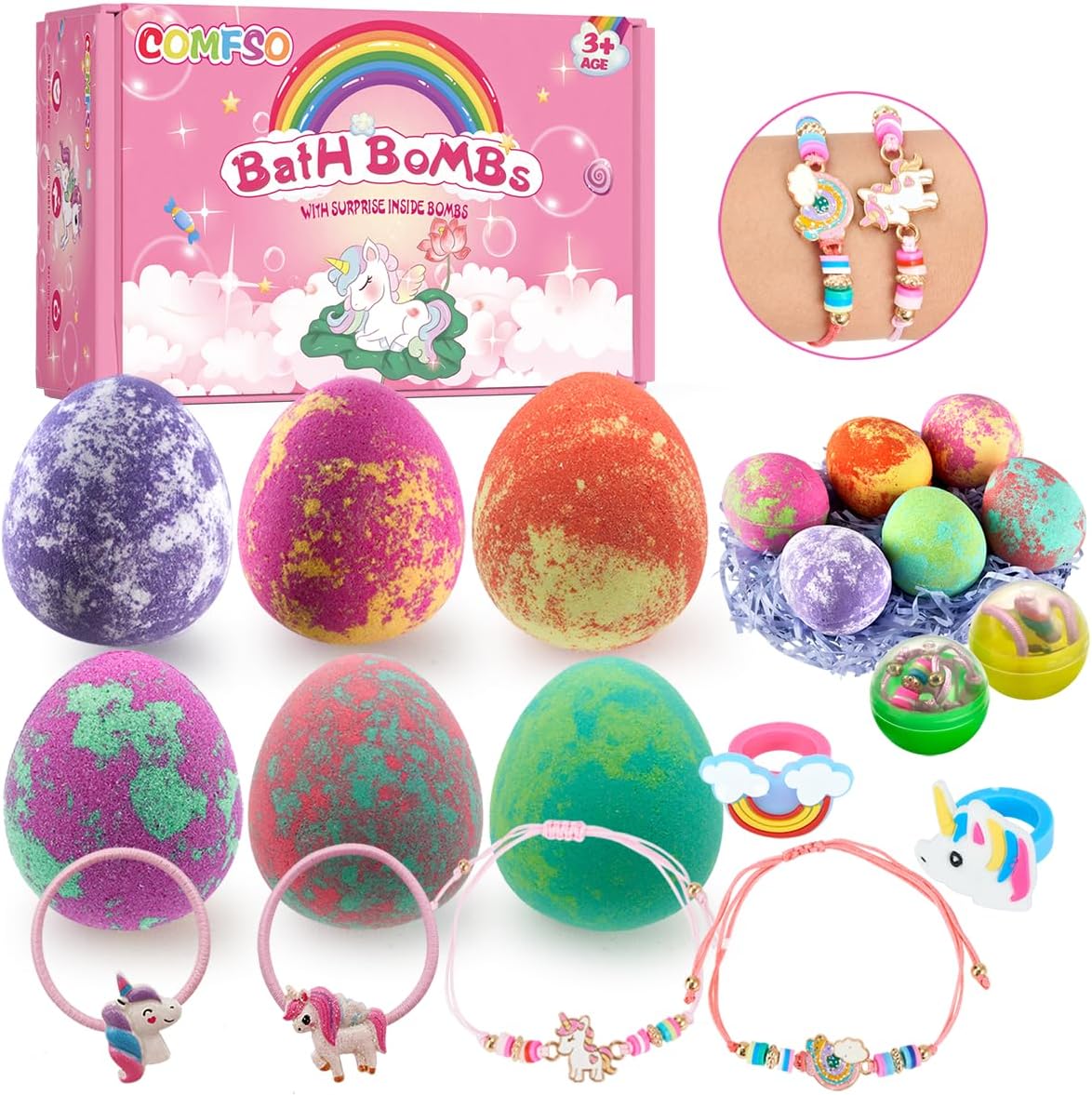 Easter Bath Bombs for Kids with Surprise Inside- Dino Egg Bath Bombs for Girls, 6 Pcs Bubble Bath Bomb, Dinosaur Bathbombs Gift Set, Unicorn Jewelry for Girls, Birthday Gifts, Easter Basket Stuffers