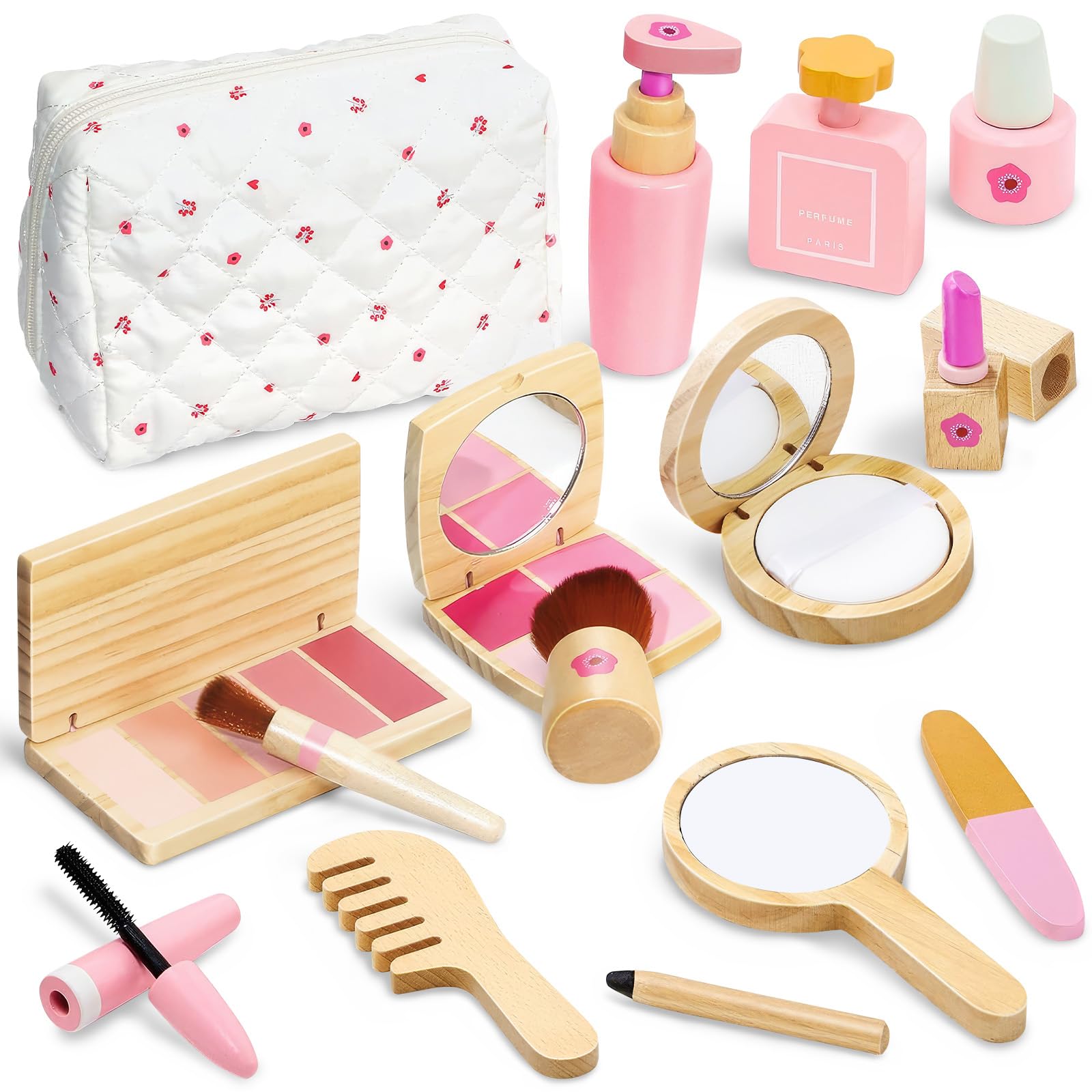 WELIN New Upgrade Wooden Makeup Toy Set, 17-Pieces Toddler Pretend Play Makeup Bag, Role-Playing Toys for Girls Ages 3-8, Perfect Christmas Birthday Gifts for Girls Aged 3 4 5 6