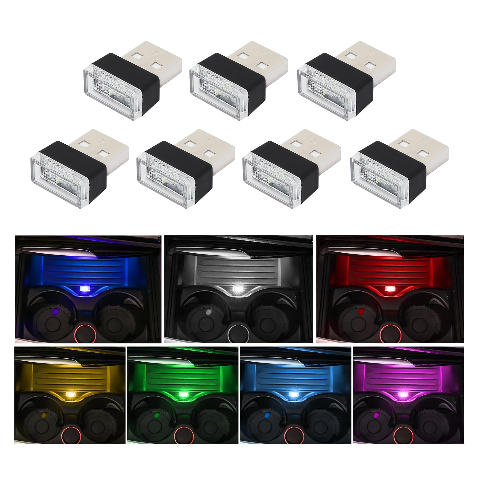 7 PCS USB LED Car Interior Atmosphere Lamp, Portable Mini LED Night Light, Plug-in USB Interface Trunk Ambient Lighting Kit, Universal Vehicle Interior Accessories (Multi-Colour)