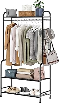 Clothing Rack Metal Garment Racks with Bottom Shelves Free-Standing Clothes Rack for Indoor Bedroom, Balcony, Hallway, Laundry (Black)