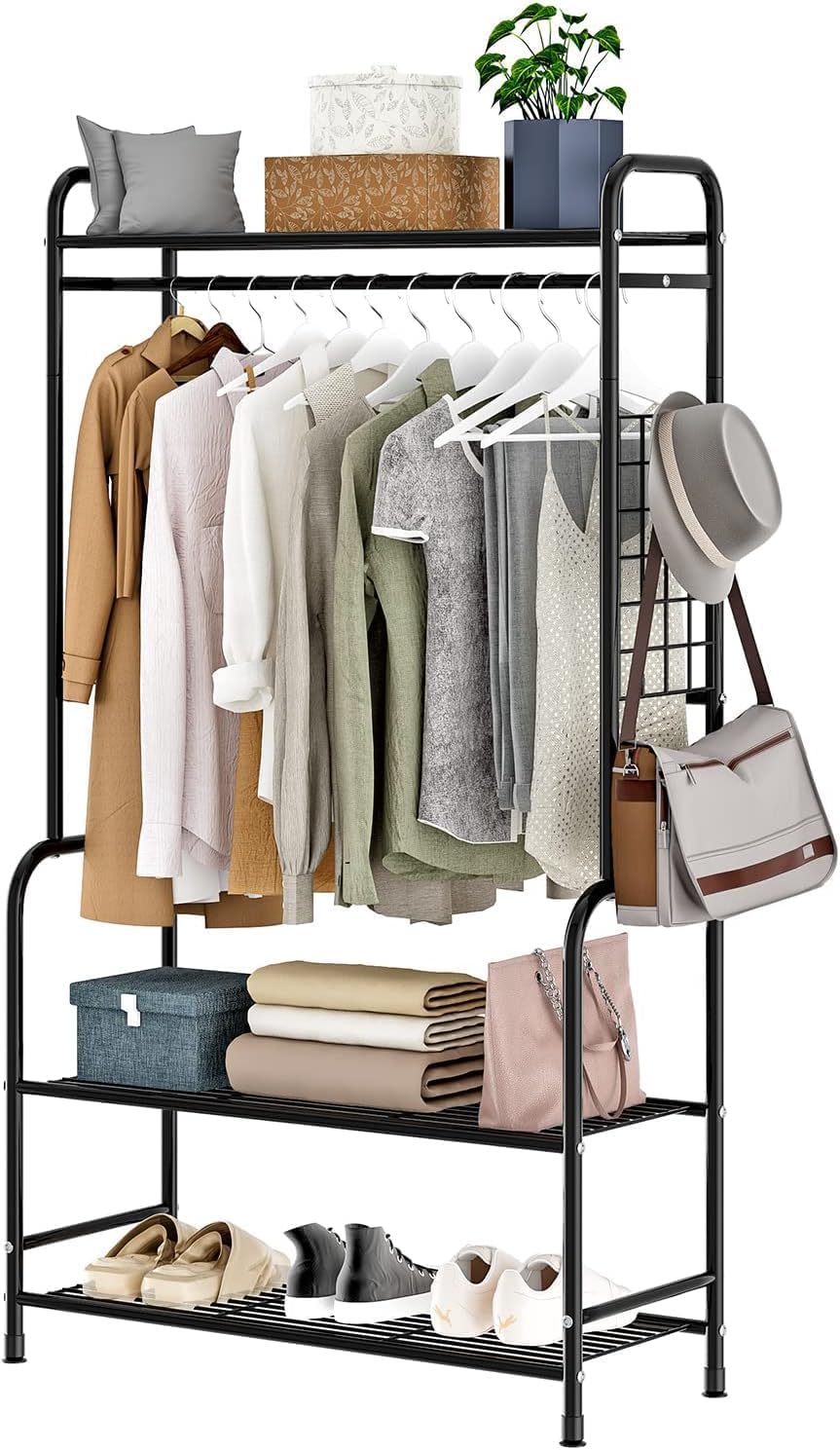 Majzya Clothing Rack Metal Garment Racks with Bottom Shelves Free-Standing Clothes Rack for Indoor Bedroom, Balcony, Hallway, Laundry (Black)
