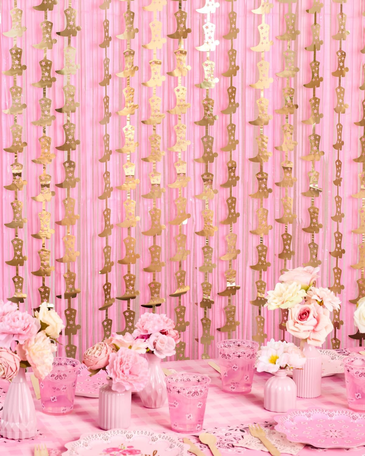 xo, Fetti Party Decorations Gold Foil Boot Curtain - Set of 2 | Cowgirl Bachelorette Supplies, Western Birthday Photo Booth, Ranch Party Decor