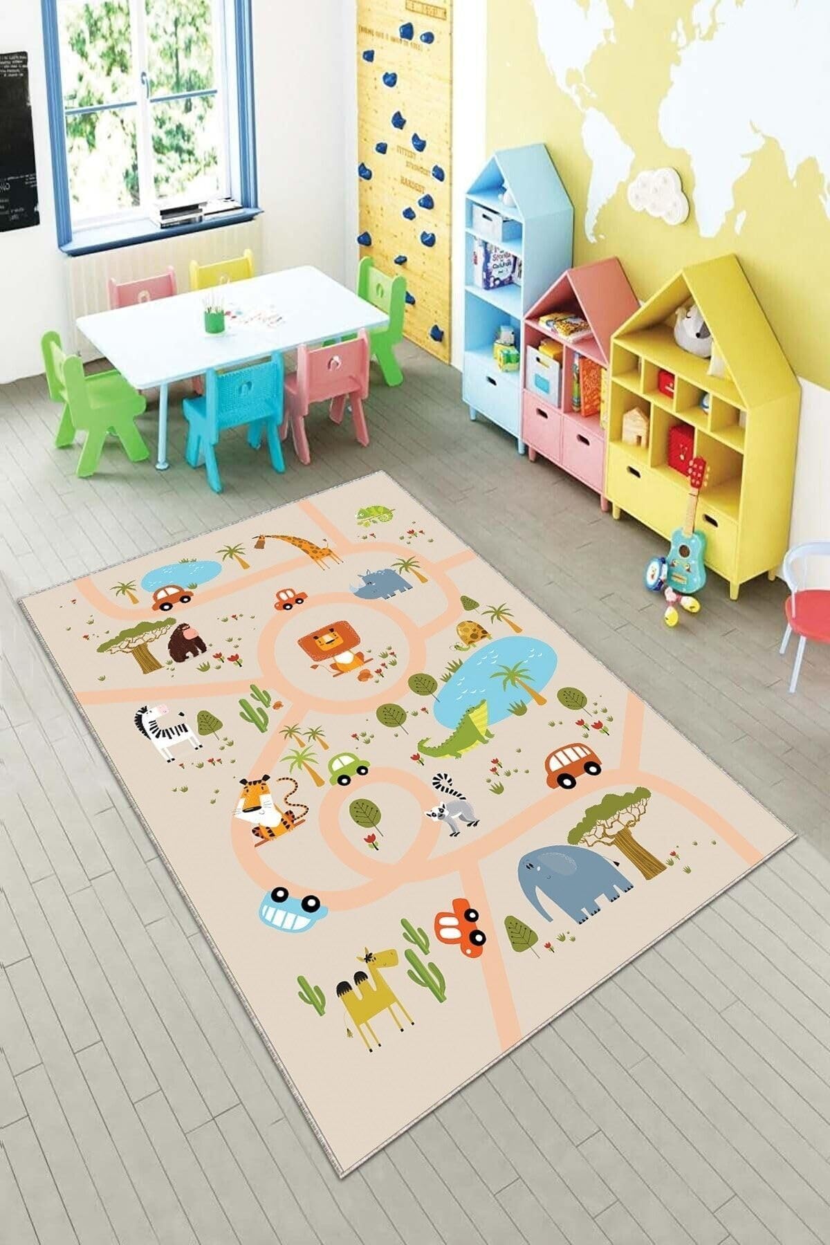 Pelangi Bej Hayvan Desenli Yıkanabilir Kaymaz Taban Leke Tutmazbebek vbe Çocuk Odası Halısı, Somon-Yeşil 160 x 230, 901357057160230