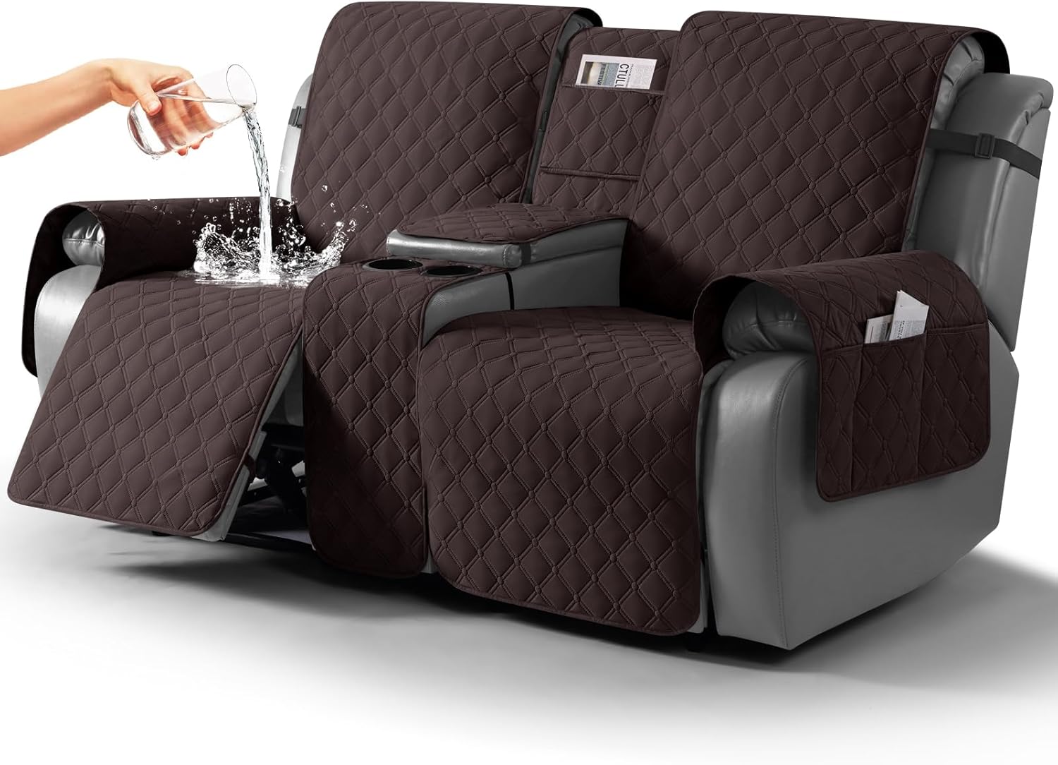 TAOCOCO 100% Waterproof Loveseat Recliner Cover with Center Console, Reversible Reclining Couch Cover for 2 Seats with Leg Straps, Washable Split Sofa Cover Protector for Pets Kids (Chocolate)