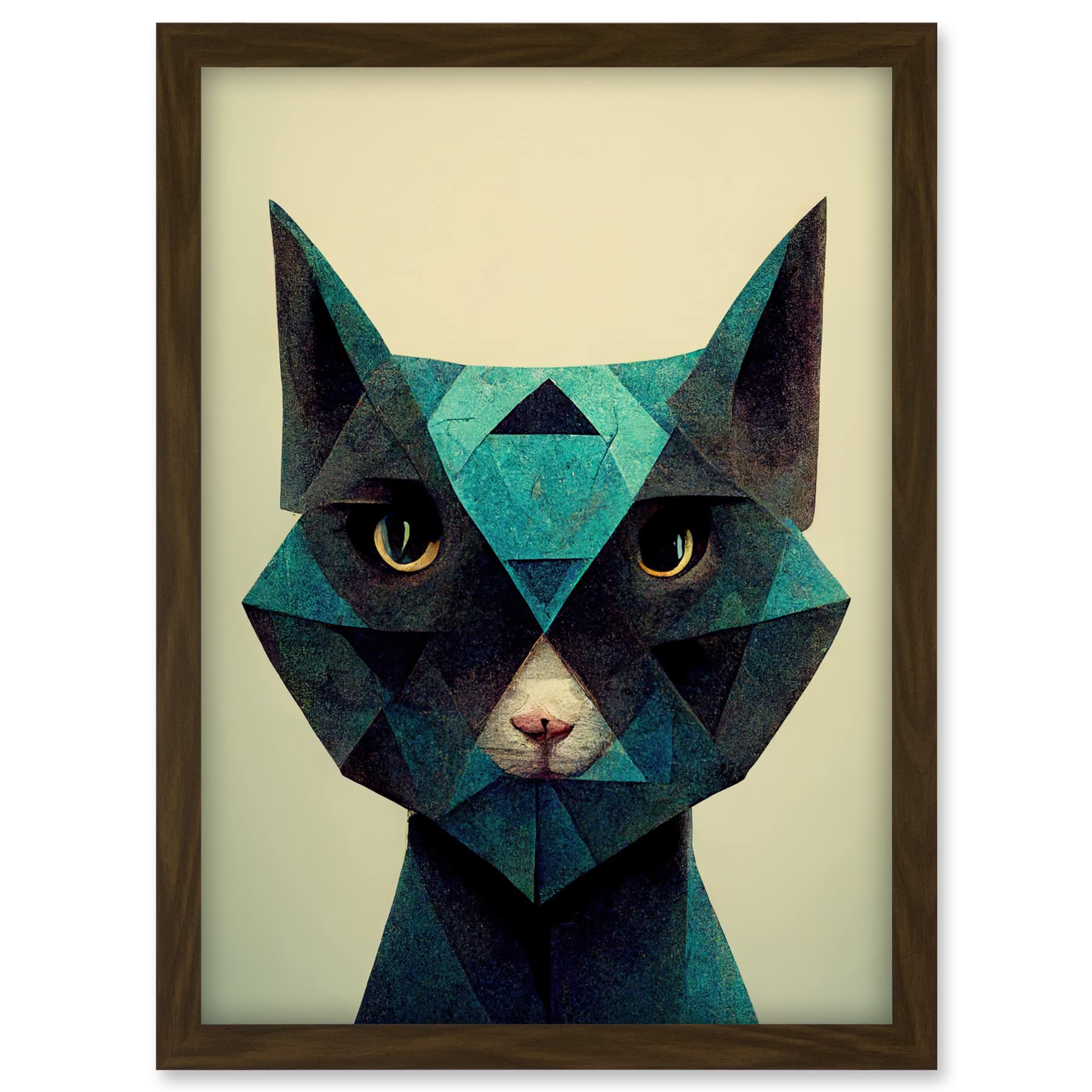 Doppelganger33 LTD Fun Geometric Teal Cat Artwork Framed A3 Wall Art Print