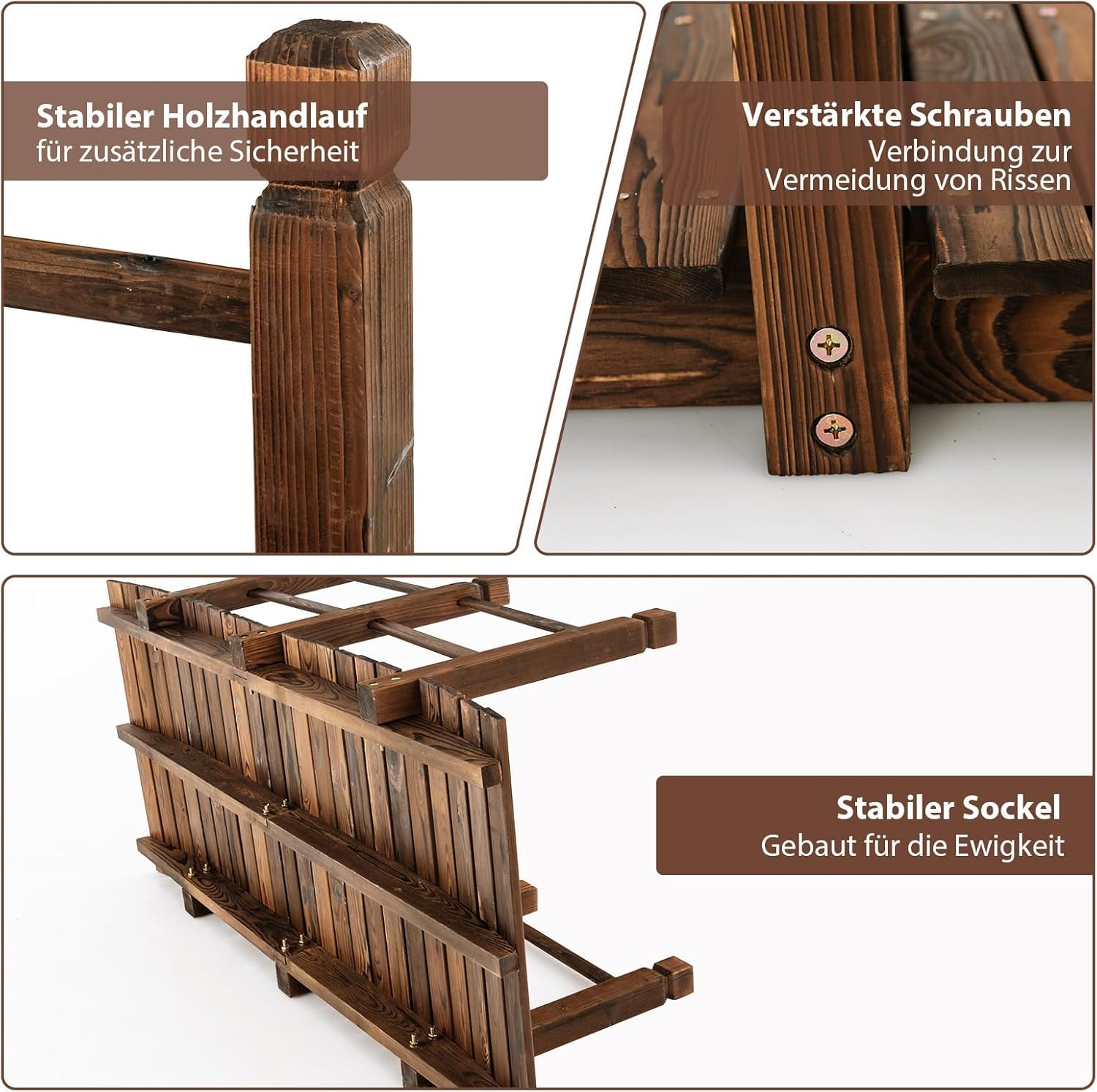FANTASK Pont de Jardin en Bois de Sapin Massif avec Balustrade - Pont décoratif - Charge maximale : 180 kg - Marron