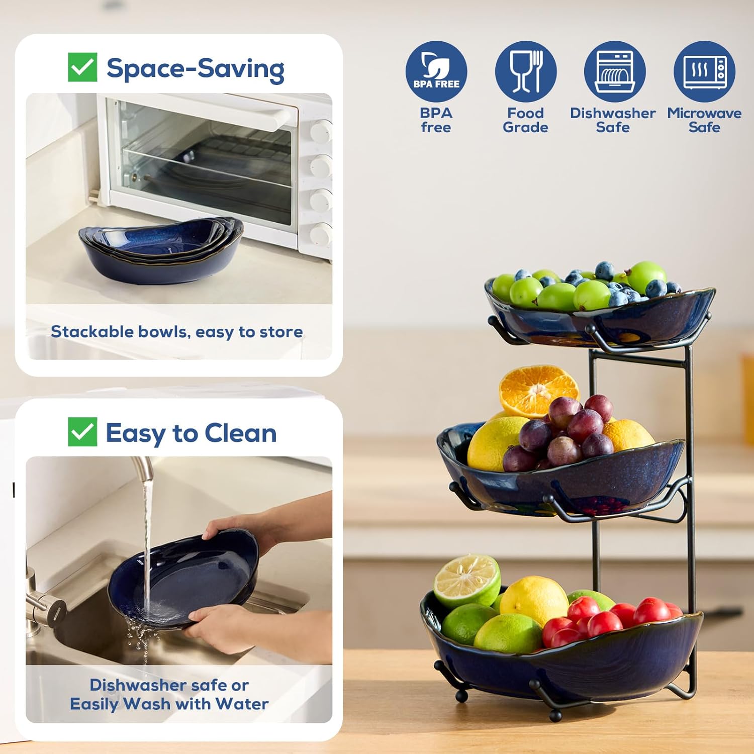 DUJUST 3 Tier Fruit Bowl, Kiln Altered Glaze Ceramic Fruit Stand, Stackable & Easy to Store, Multifunctional Serving Tray for Fruit/Vegetables/Snacks, Microwave & Dishwasher Safe - Dark Blue