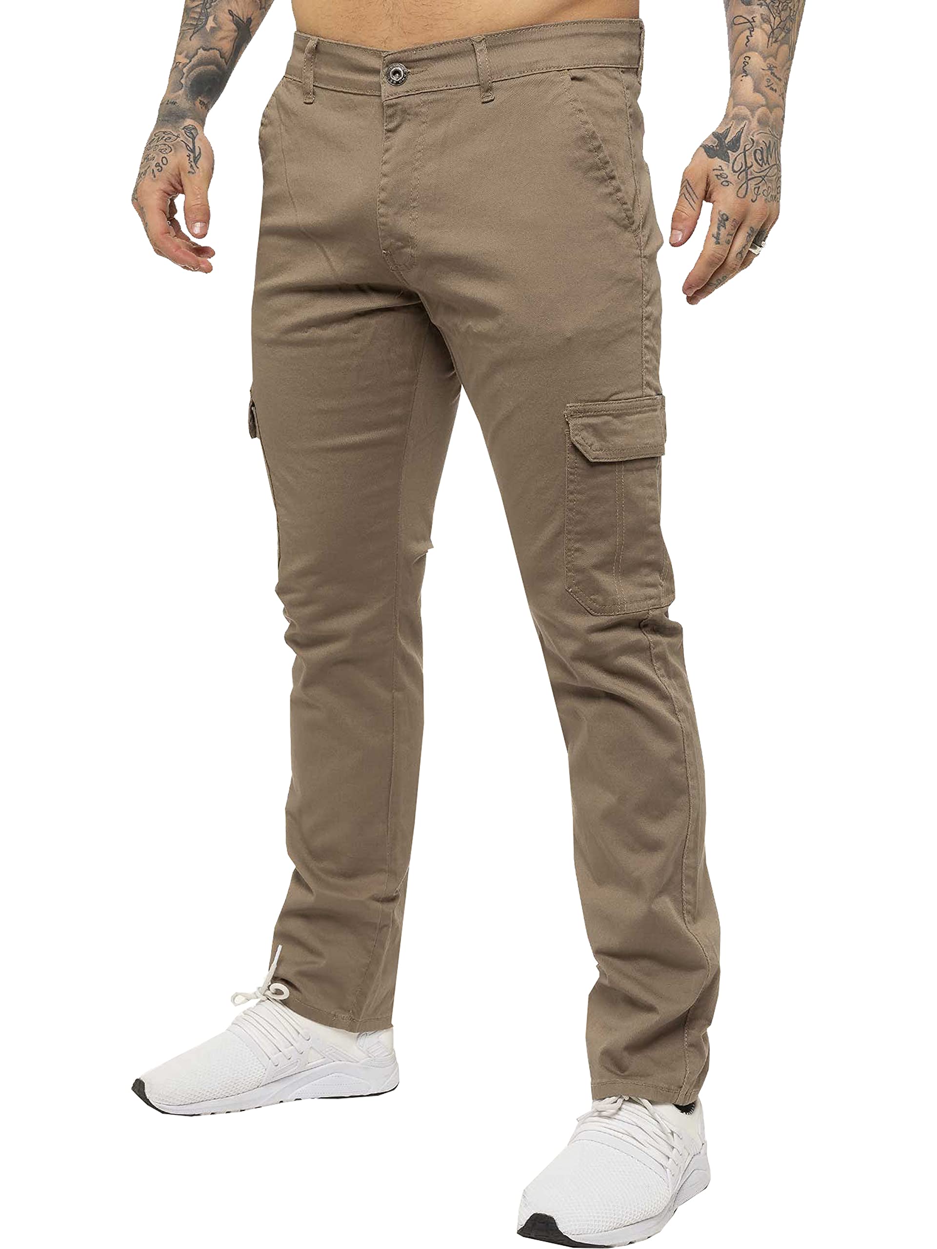Ze Enzo Men's Beige Jeans Cargo Combat Trousers Chinos Slim Fit Cotton Stretch Work Pants 28R