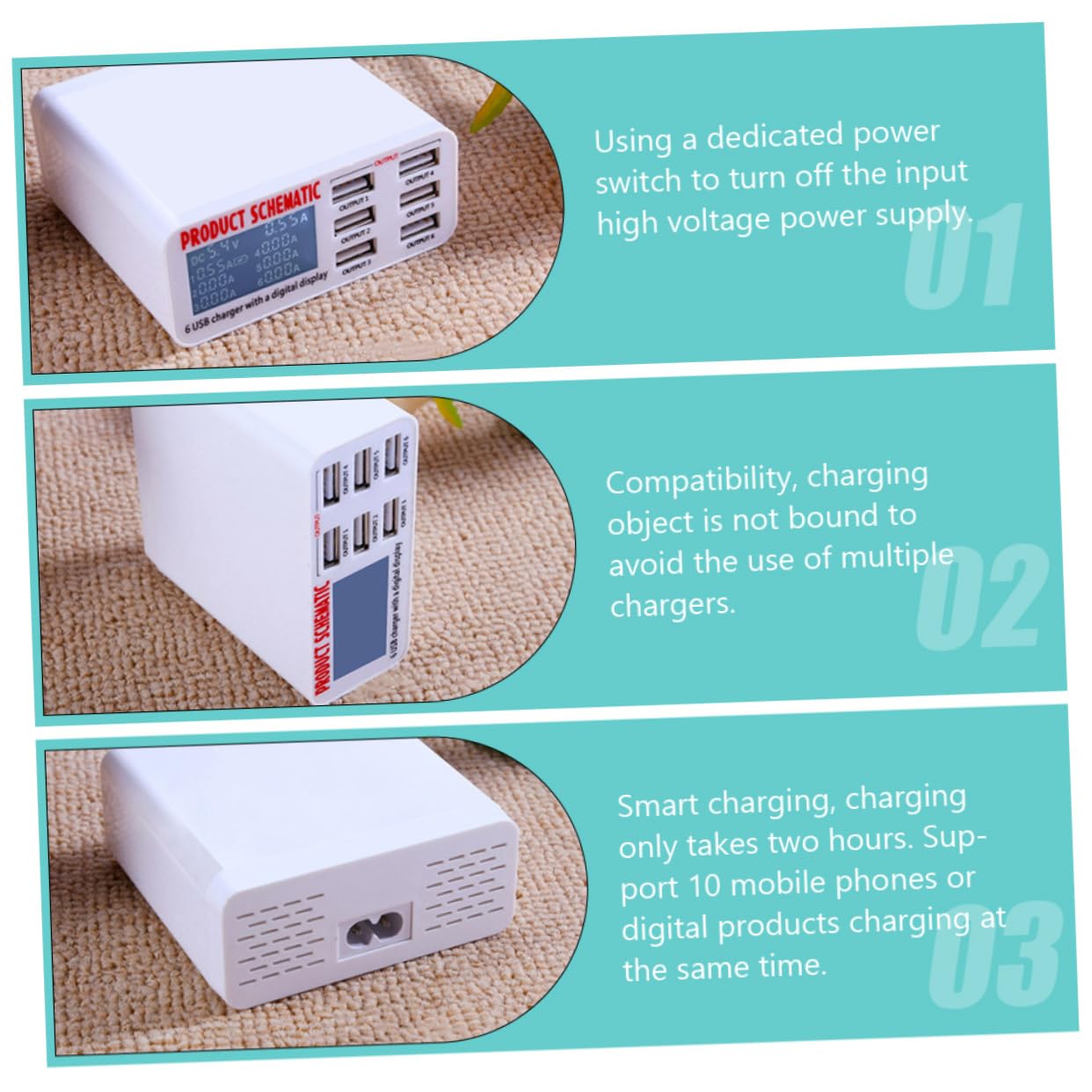 Mipcase Estación de Carga Inteligente USB de 6 Puertos Pantalla LCD, Adaptador de Corriente Multipuerto de 40w, Material Abs y PC para Carga Rápida y Segura