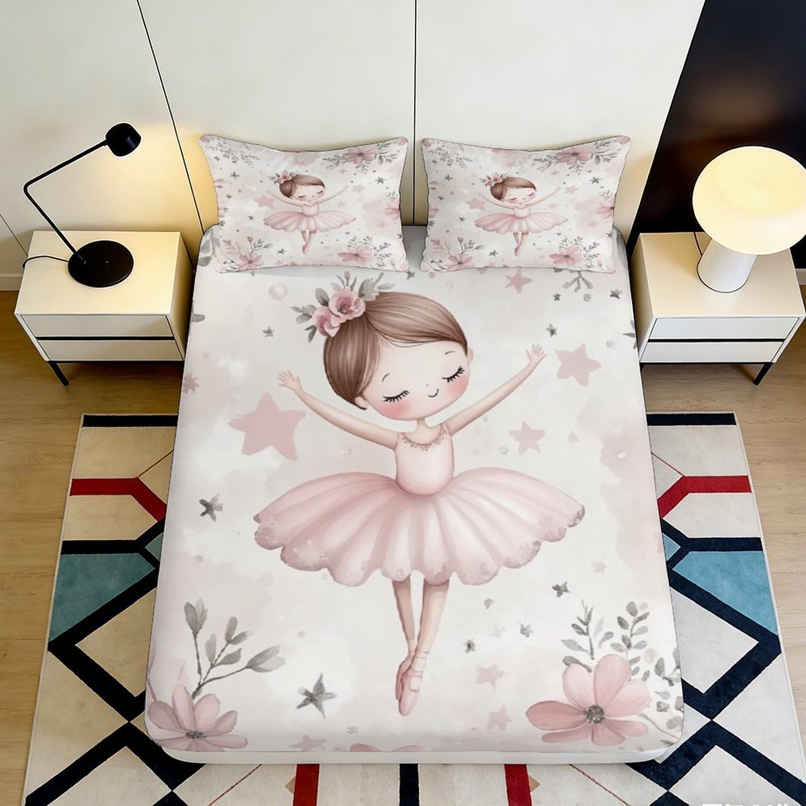 3D Printed Ballet Girl Fitted Sheet Microfiber Pink Cartoon Ballerina Bed Cover for Bedroom Guest Room Mattress Protection 90x200x25cm