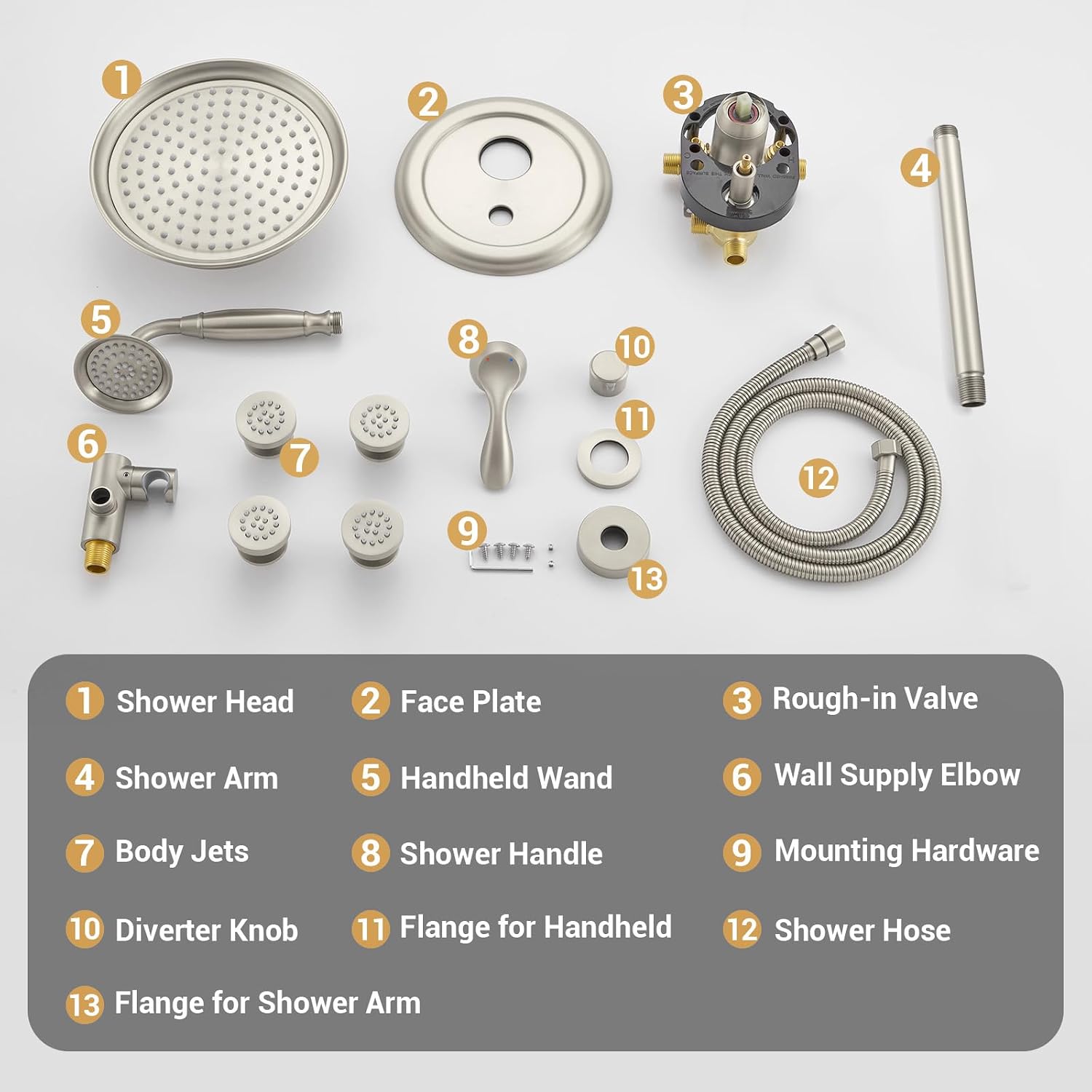 DASAN Antique Shower Faucet Sets Complete Rain Shower System in Wall with Body Shower Spray Jets, Brushed Nickel Shower Fixtures with Rainfall Overhead Shower, Handheld, Shower Valve &Trim, AT249C-BN