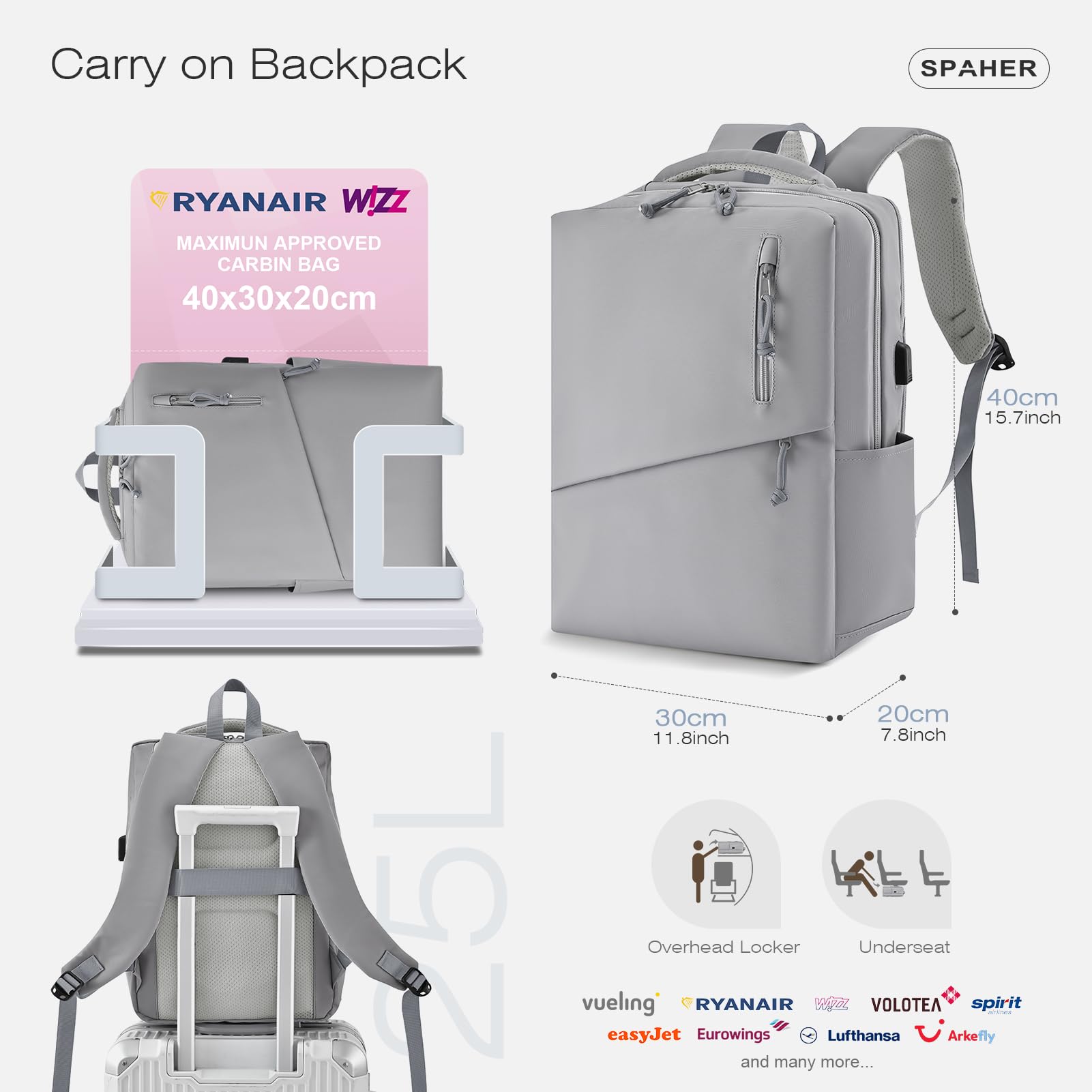SPAHER 25L Plecak Podróżny 40x30x20cm Wizzair Vueling Plecak na Laptopa 15,6 Calowy Pracy Szkoły Podróży Wodoodporny Plecak Cabin Bag Mężczyzn Kobiet Antykradzieżowy Nastolatków