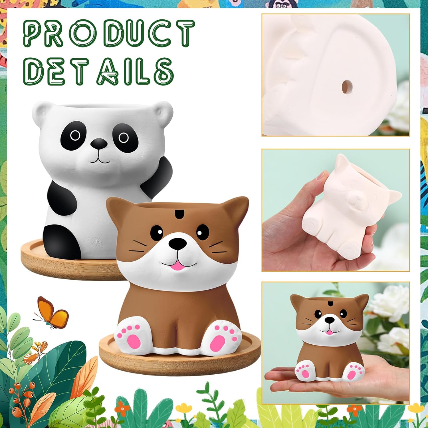 6 Sets Ceramic Succulent Pots with Drainage Color Paints Paintbrushes Palettes Paintable Succulent Flower Pots DIY Figurines Paint Craft Kit for Classroom(Cute Animal)