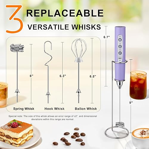 Miniatura 4 de YUSWKO - Espumador de leche recargable USB de mano con 3 cabezas, mini mezclador eléctrico de bebidas con 3 velocidades para latte, capuchino,
