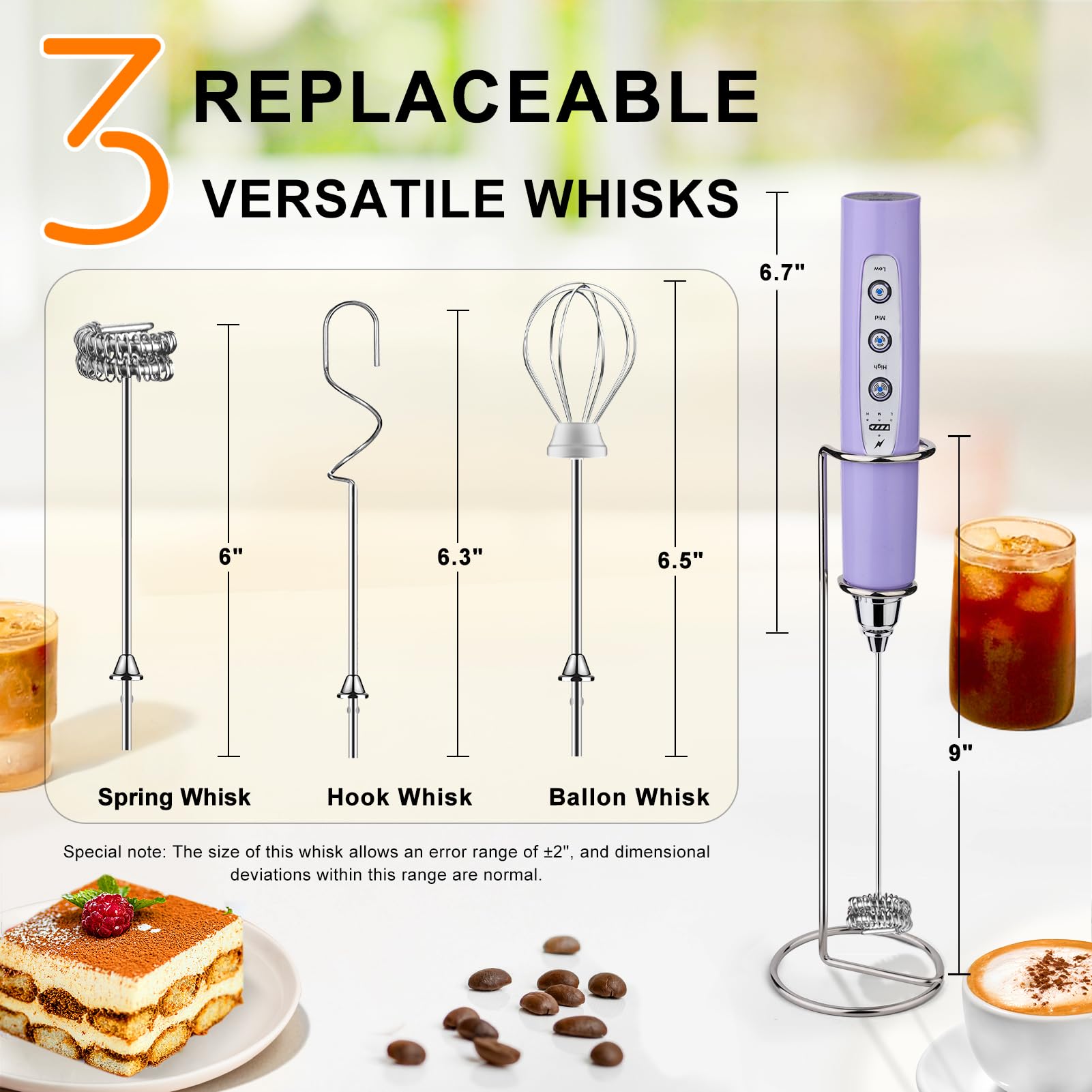 YUSWKO Mousseur à lait rechargeable pour café avec support, mélangeur portatif avec 3 têtes, 3 vitesses, agitateurs électriques pour latte, cappuccino, chocolat chaud, œuf – Violet clair