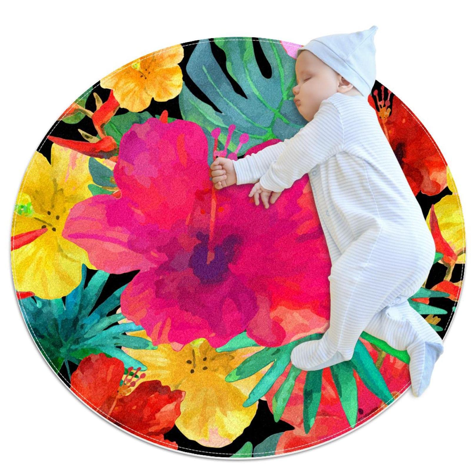 Tapis fleurs feuilles tapis rond 100x100cm pour chambre et salon