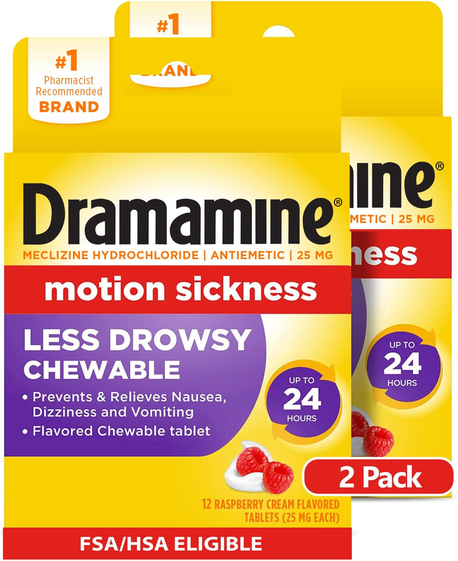 All Day Less Drowsy Motion Sickness Relief, Raspberry Cream Flavor, 12 Chewable Tablets, Pack of 2