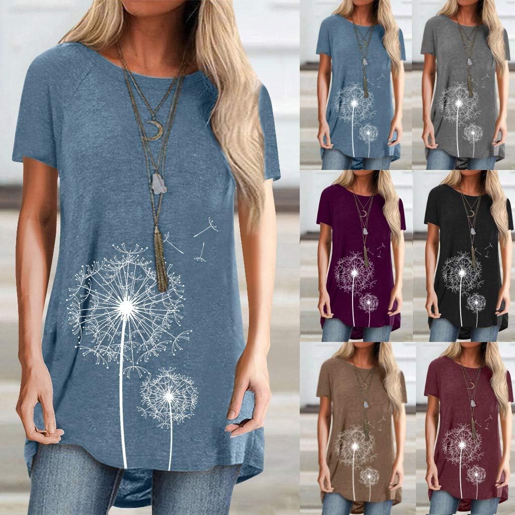 Women's Casual Print Short Sleeve Tunics to Wear with Leggings Summer Dandelion Graphic Oversized Loose Comfortable T-Shirt at  Women’s Clothing store