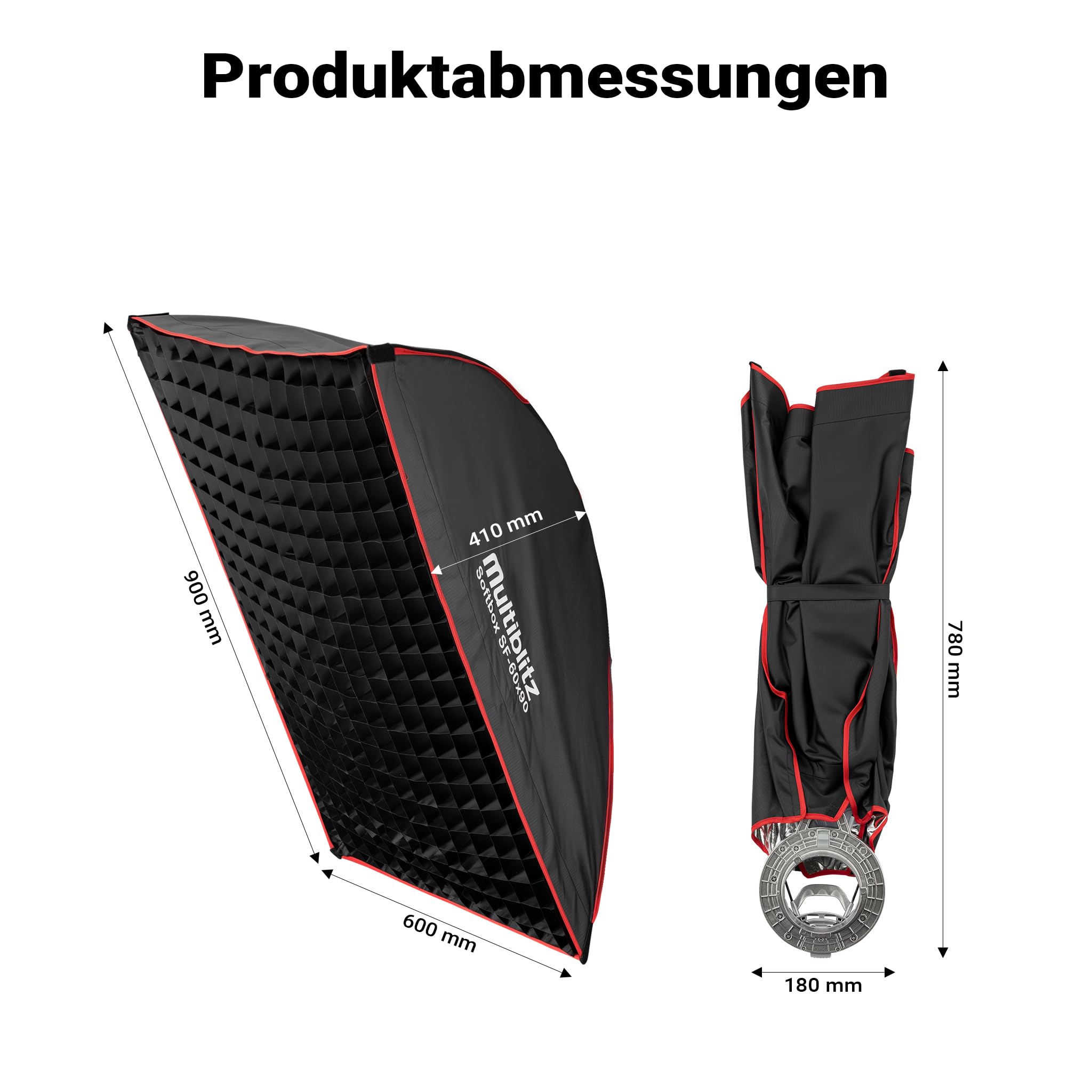 Multiblitz Softbox SF-60x90 Bowens mit Grid und Diffusoren, Lichtformer für Studioblitz und LED Dauerlicht, Lichtdiffusor für Porträtfotografie und Videobeleuchtung