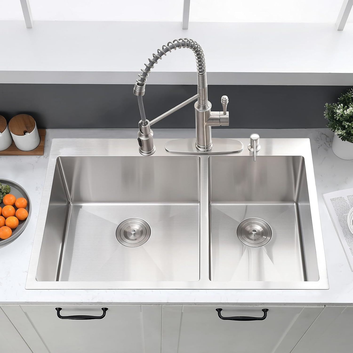 33x22 inch double bowl kitchen sink drop in - 16 gauge stainless steel top mount drop in sink, 60/40 split, durable for home kitchen stainless steel 33"(l)×22"(w)×10"(d)60/40