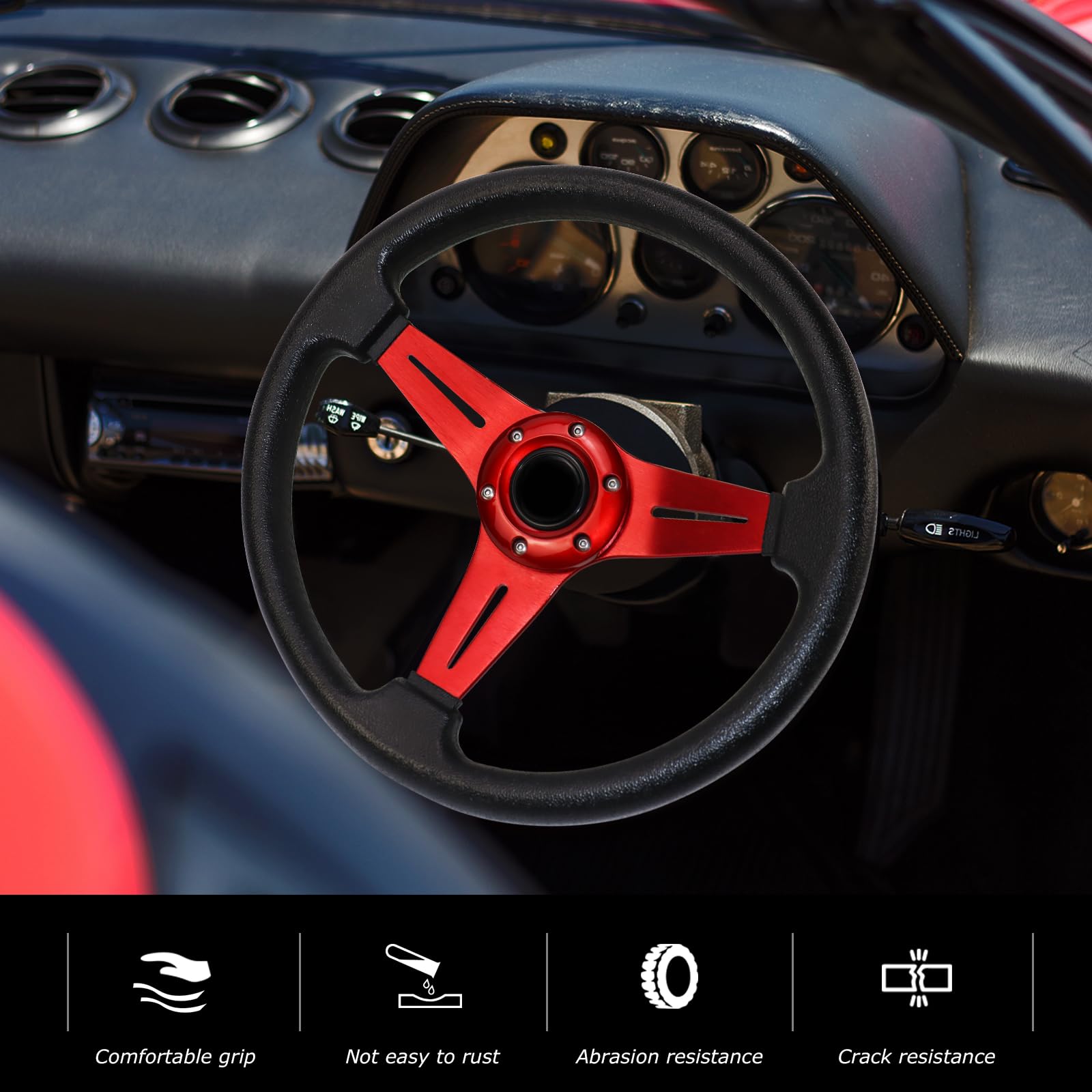 Volant de voiture de course universel,13,6 "6 poignée boulonnée en cuir vinyle avec bouton klaxon pour course/rallye/course/simulation (Rouge)