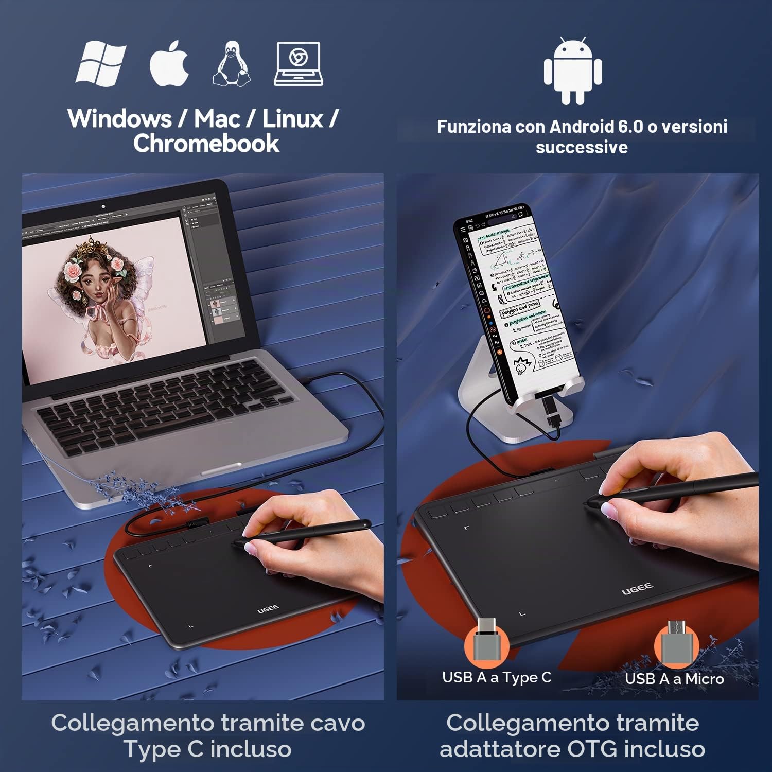 Tavoletta grafica UGEE S640 Tavoletta grafica ultrasottile digitale con funzione di inclinazione dello stilo senza batteria Sensibilità alla pressione 8192 Supporto Windows/Mac/Linux/Android