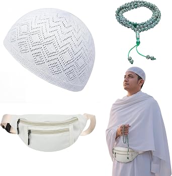 Cuffbow 3 Pcs Ihram Essentials Set for Mens Hajj and Umrah Haji Waist Belt Kufi Hat with Tasbeeh Islamic Mens Ihram for Umrah Hajj Essentials