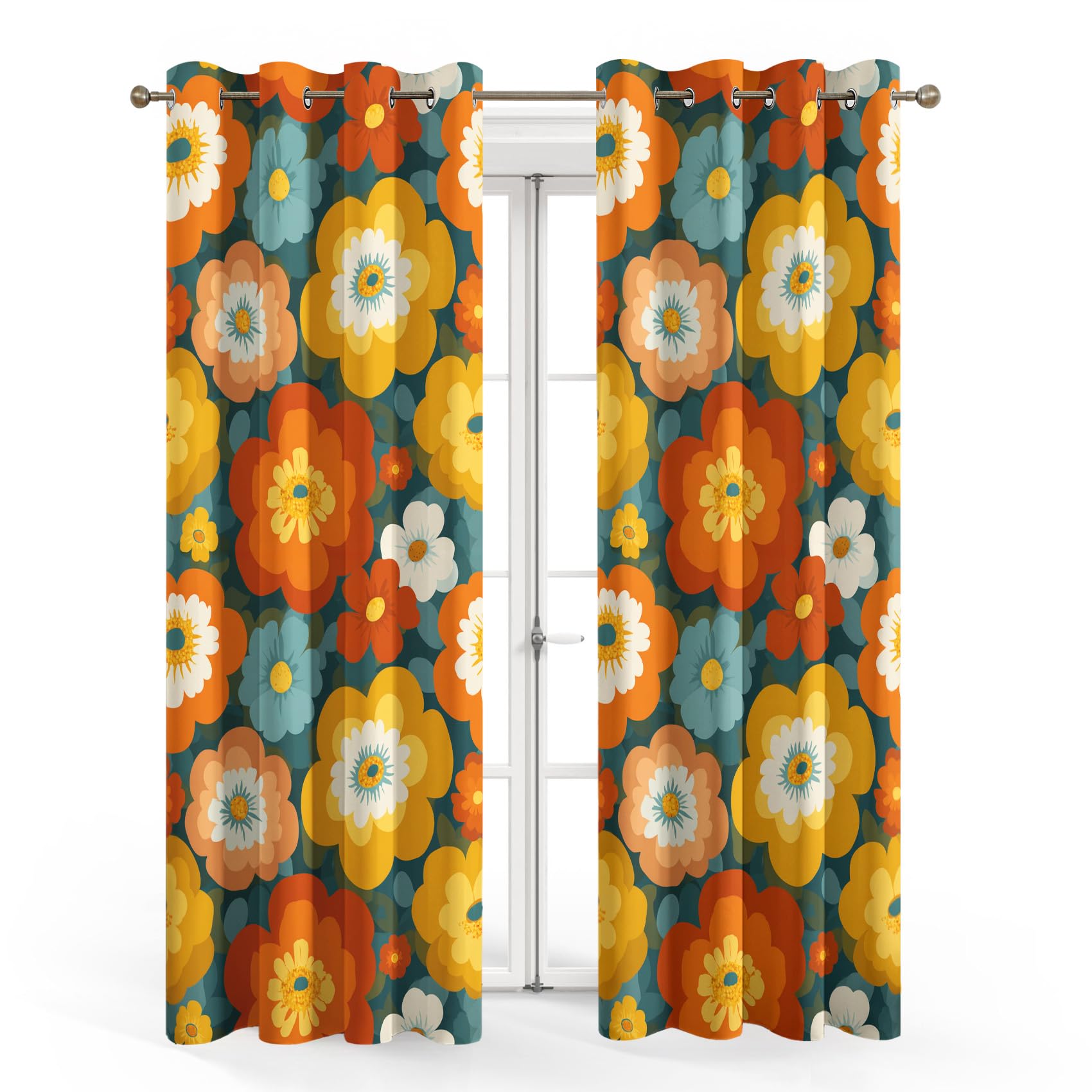 Rideaux Motif Groovy Florales - Rideau Occultant Bohème Fleurs Hippie, Lot de 2 Rideaux Imprimé, Decoration Chambre Salon Cuisine, Draperies Intérieurs à Oeillets L 140 x H 200 T&YE-2