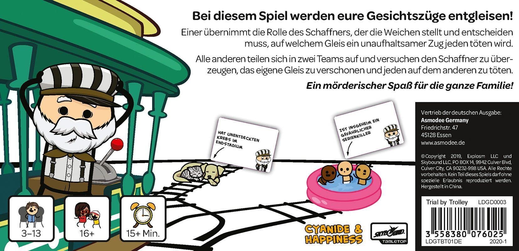 Lucky Duck Games | Trial by Trolley | Jeu de base | Jeu de société | Jeu de cartes | 3 à 13 joueurs | 16 ans et plus | Plus de 15 minutes | Allemand