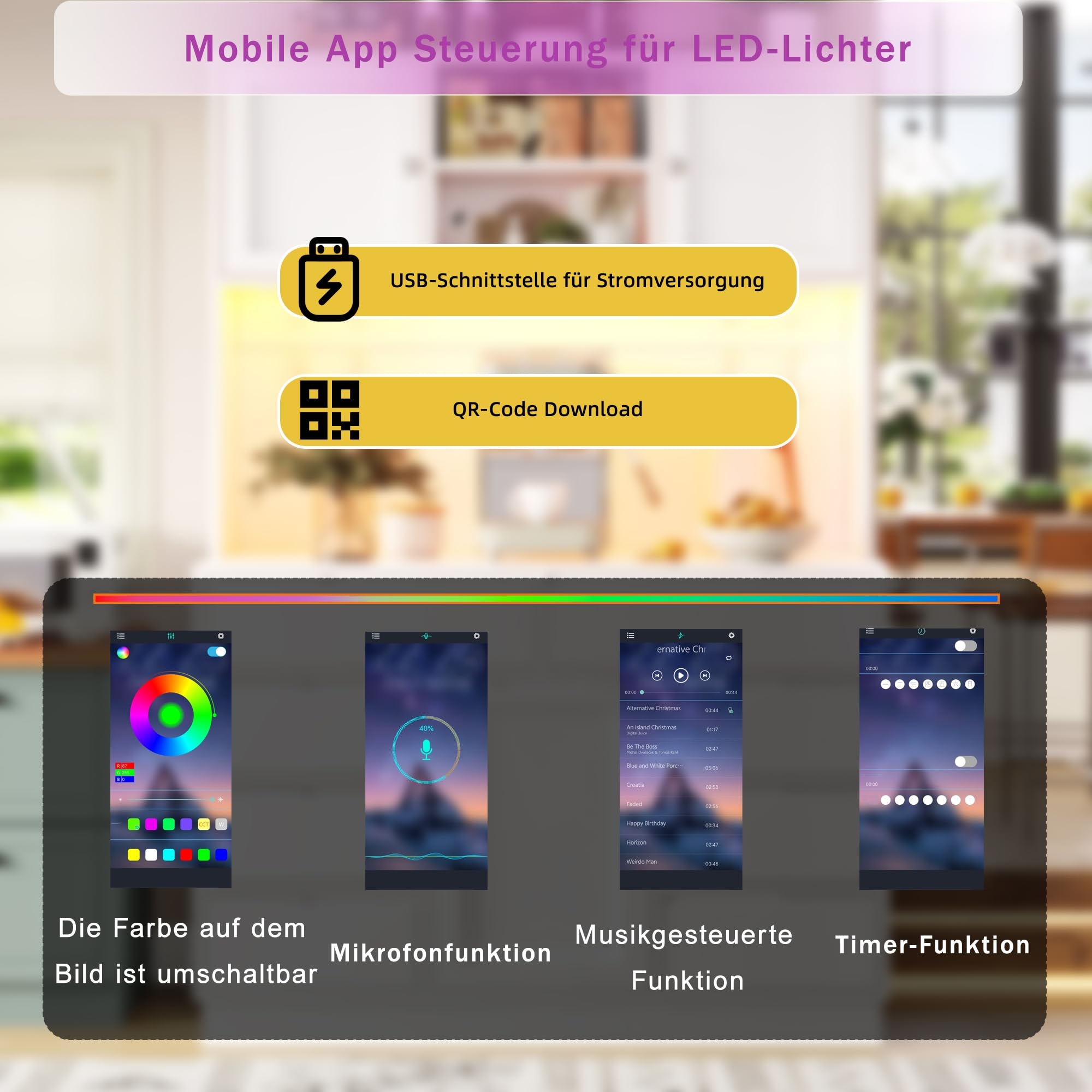 Hochschrank, Küchenschrank mit Smart LED Beleuchtung, Hochschränke fürs Wohnzimmer, 8 Schubladen, Magnetverschluss, Höhenverstellbaren Böden, 120 ×40×183.5cm, Weiß