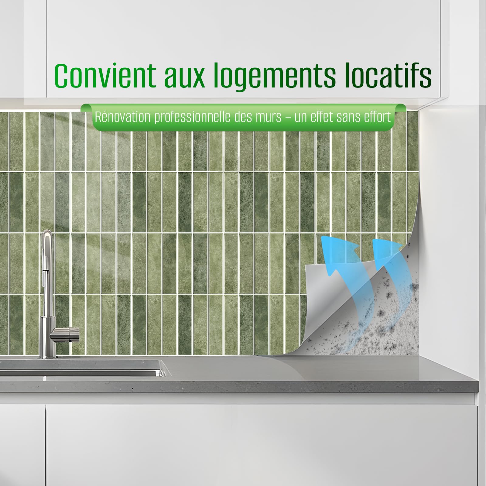 Lot de 10 autocollants pour carrelage 3D - 30 x 30 cm - Pour salon, chambre à coucher, cuisine, salle de bain (Vert moutarde)