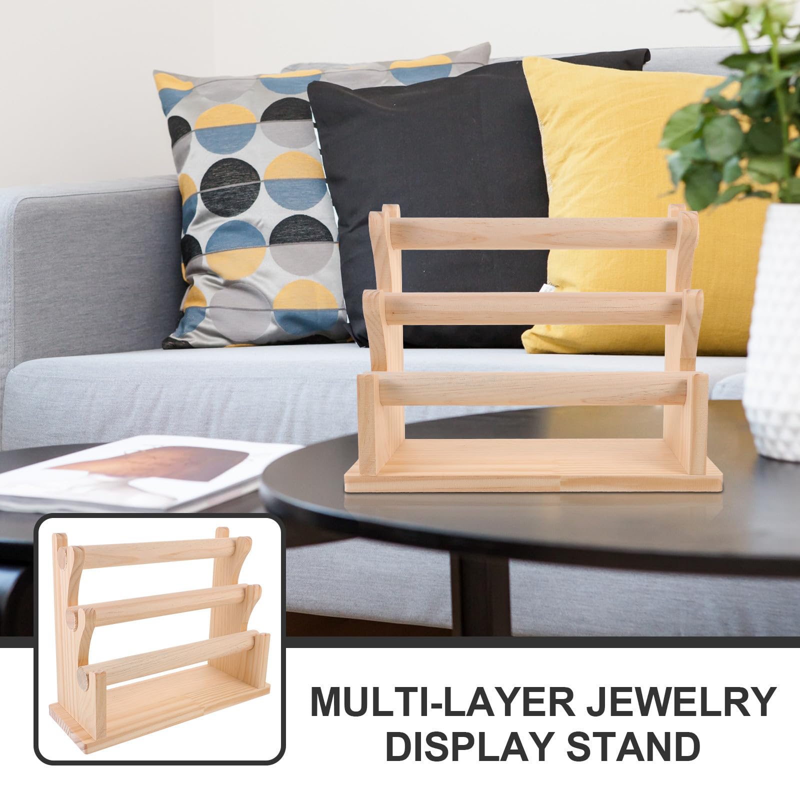 Expositor de Joyas de Varios Niveles en Madera Beige Diseño de Múltiples Capas y Base Plana para Organizar Pulseras y Pendientes Hogar