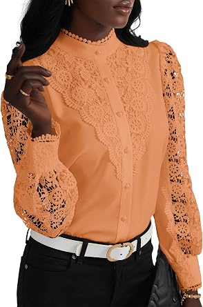 Rooscier Womens Lace Elegant Dressy Blouse Mock Neck Long Sleeve Button Down Work Business Crochet Shirt Top