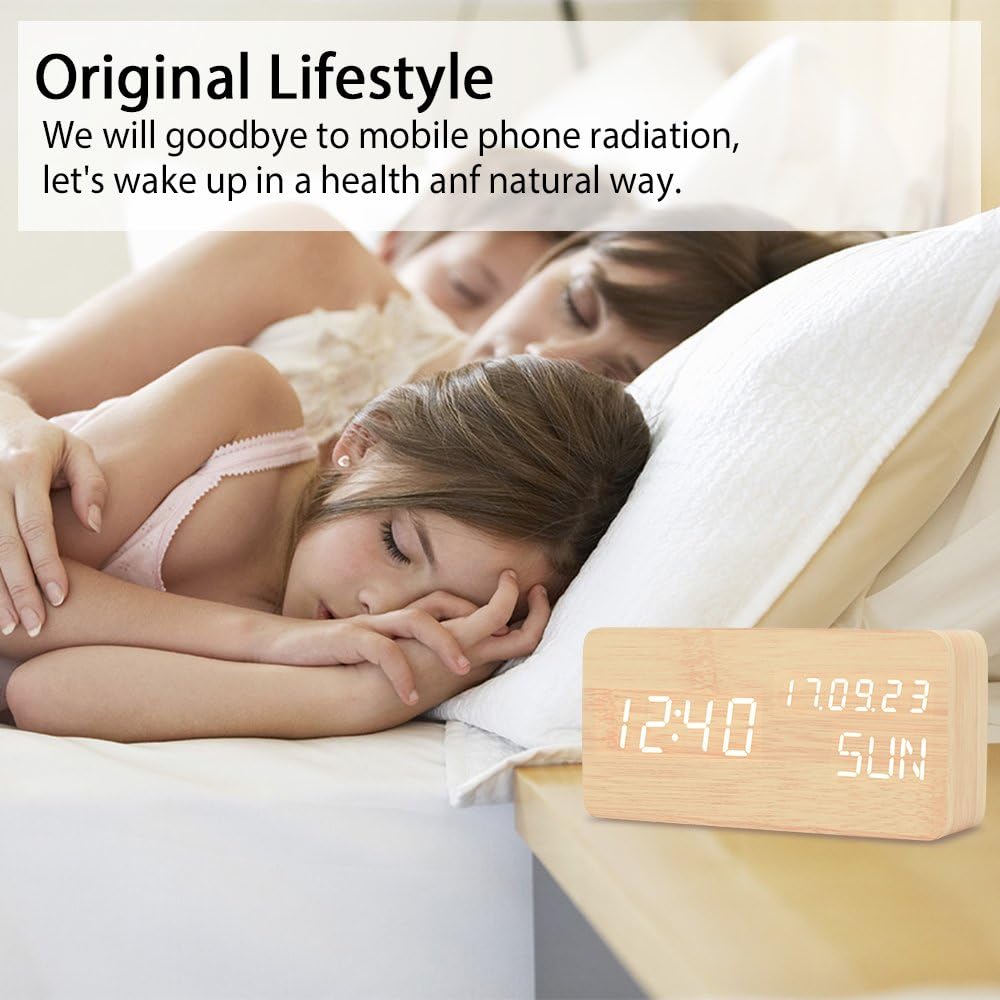 TXL Wooden Digital LED Alarm Clock with Time,Week,Temperature,Clander Display, Acoustic/Touch Control, USB/Battery Powered,Desktop Table Clock (Bamboo, White LED)