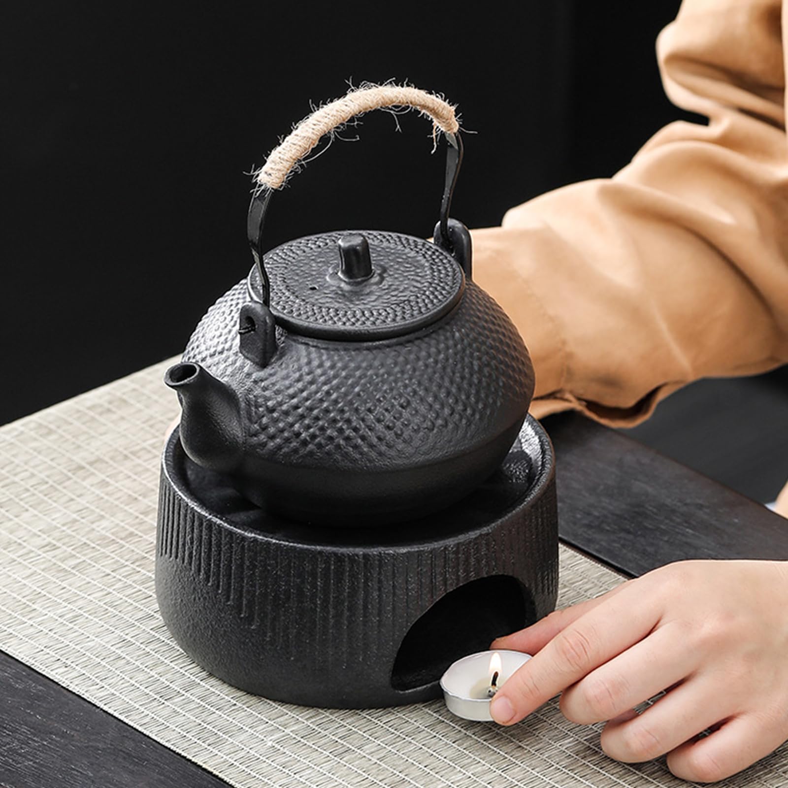 Juego de tetera pequeña de hierro fundido con calentador de hierro fundido, juego de tetera japonesa Tetsubin con tazas, tetera de hierro fundido con infusor de acero inoxidable e interior esmaltado