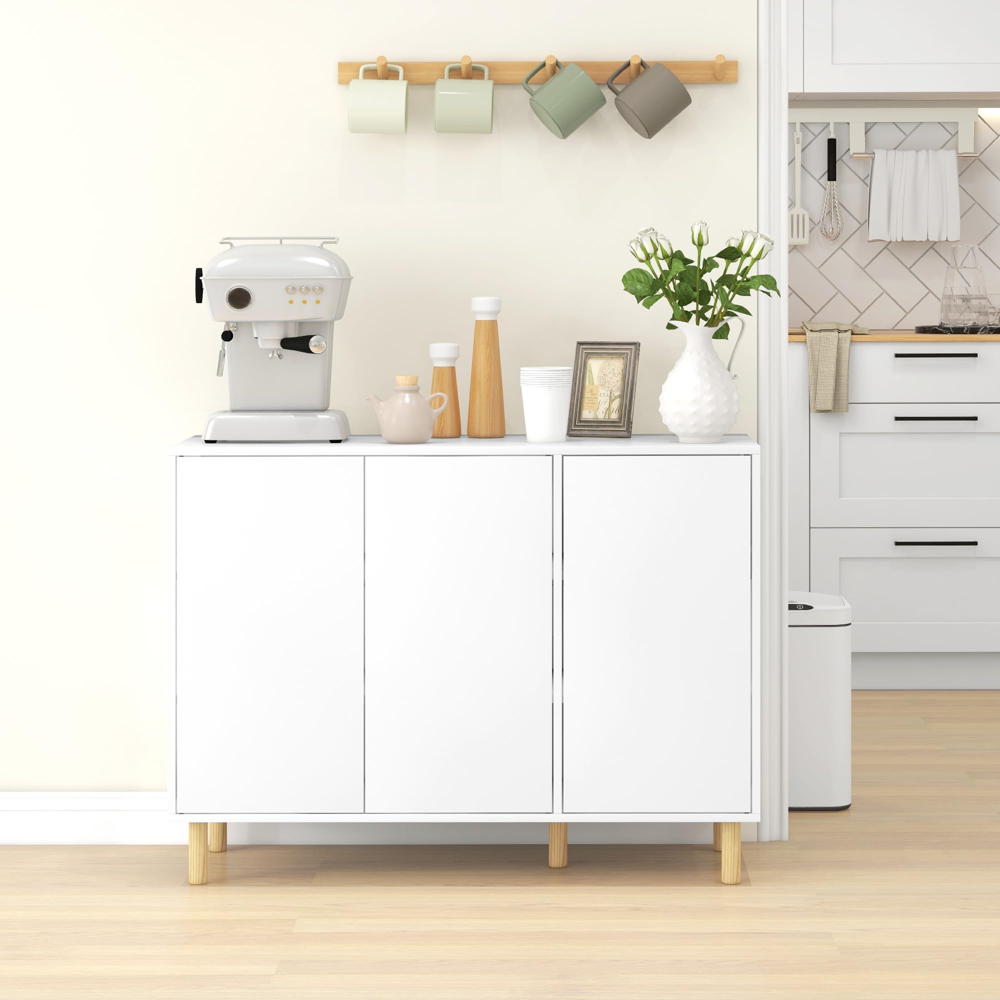 HOMCOM Credenza Moderna con 2 Armadietti a 3 Ripiani, Mobile Multiuso in Legno, 107x40x80 cm, Bianco