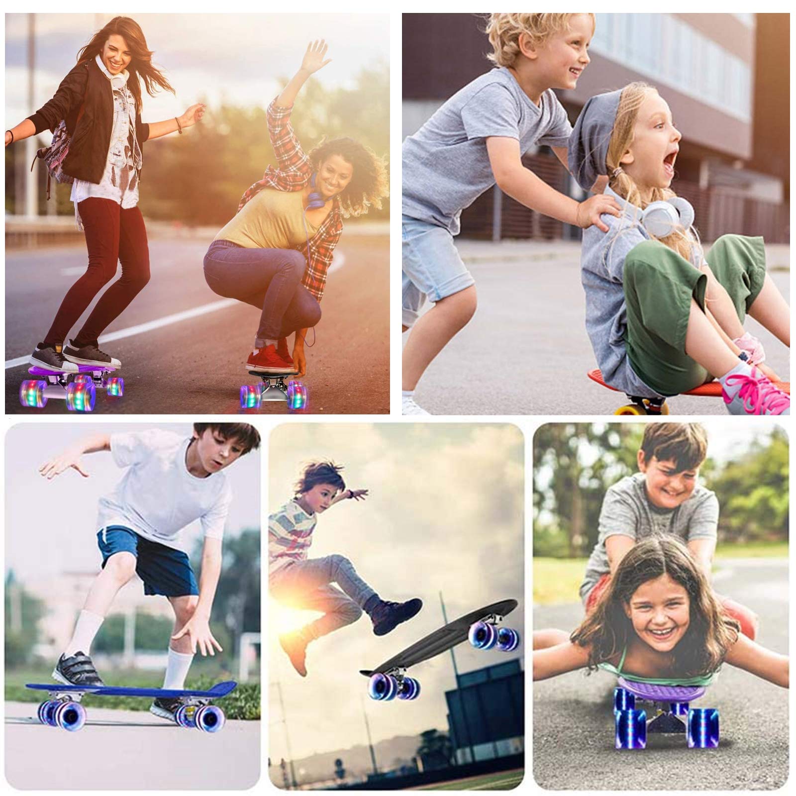 Skateboard Complet Mini Cruiser Planche À Roulettes En Plastique 22 Pouces Pour Enfants Garçons Filles Débutants Adolescents Adultes, LED Light Up Wheels with Bearings & All-In-One Skate T-Tool (Blue)
