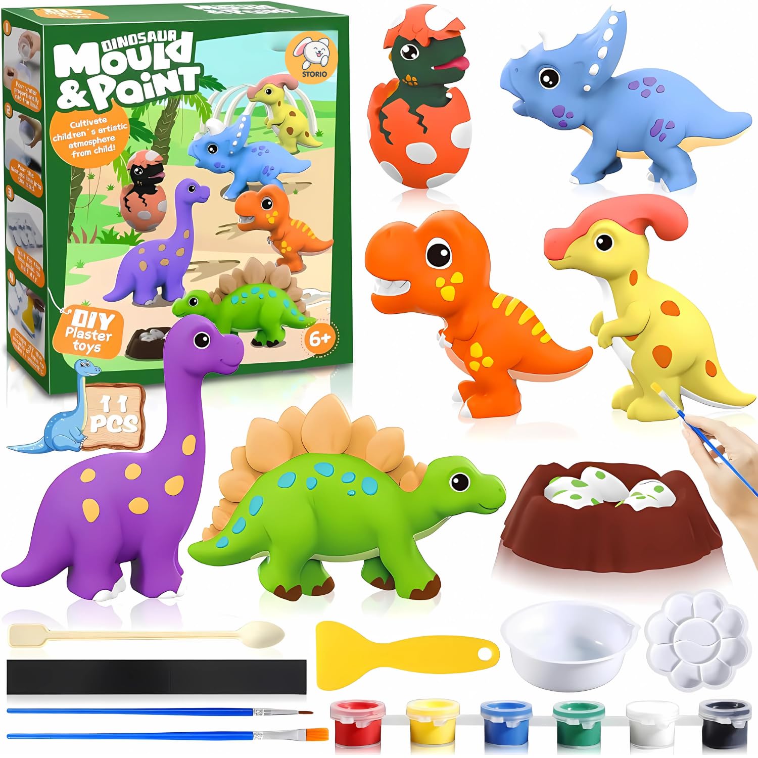 Storio Toys DIY Mould and Paint Craft kit - Dinosaurs | Kids DIY Craft For 5 Years | Plaster Figurine Set with Pigments, Palette & Mold, Painting Art & Craft Set -Gift Toys for 3 4 5 6 7 8 Year Old Boys & Girls-image-11