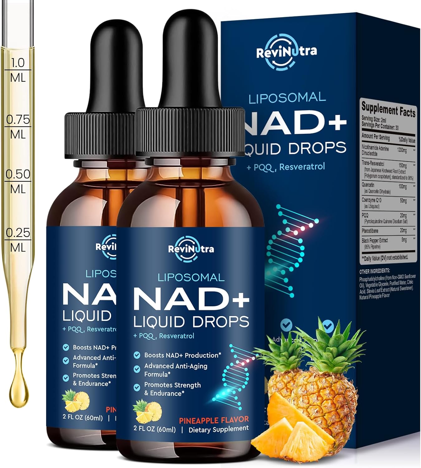Liposomal NAD Supplement - 1200mg NAD+ Liquid Drops for Women & Men, NAD+ with Resveratrol, PQQ, CoQ10, Quercetin for Anti-Aging, Brain & Cellular Mitochondrial, Pineapple 4 Fl Oz