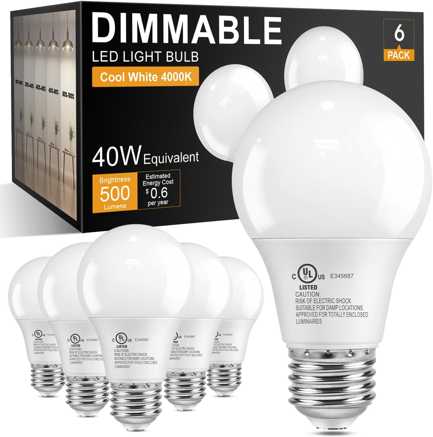 TJOY Dimmable LED Light Bulbs 40 Watt Equivalent, E26 Base A19 Standard LED Bulbs, Cool White 4000K Lightbulbs, 5W Energy Saving Light Bulbs for Home, 500 LM, 80+ CRI, 120V, UL, 6 Pack