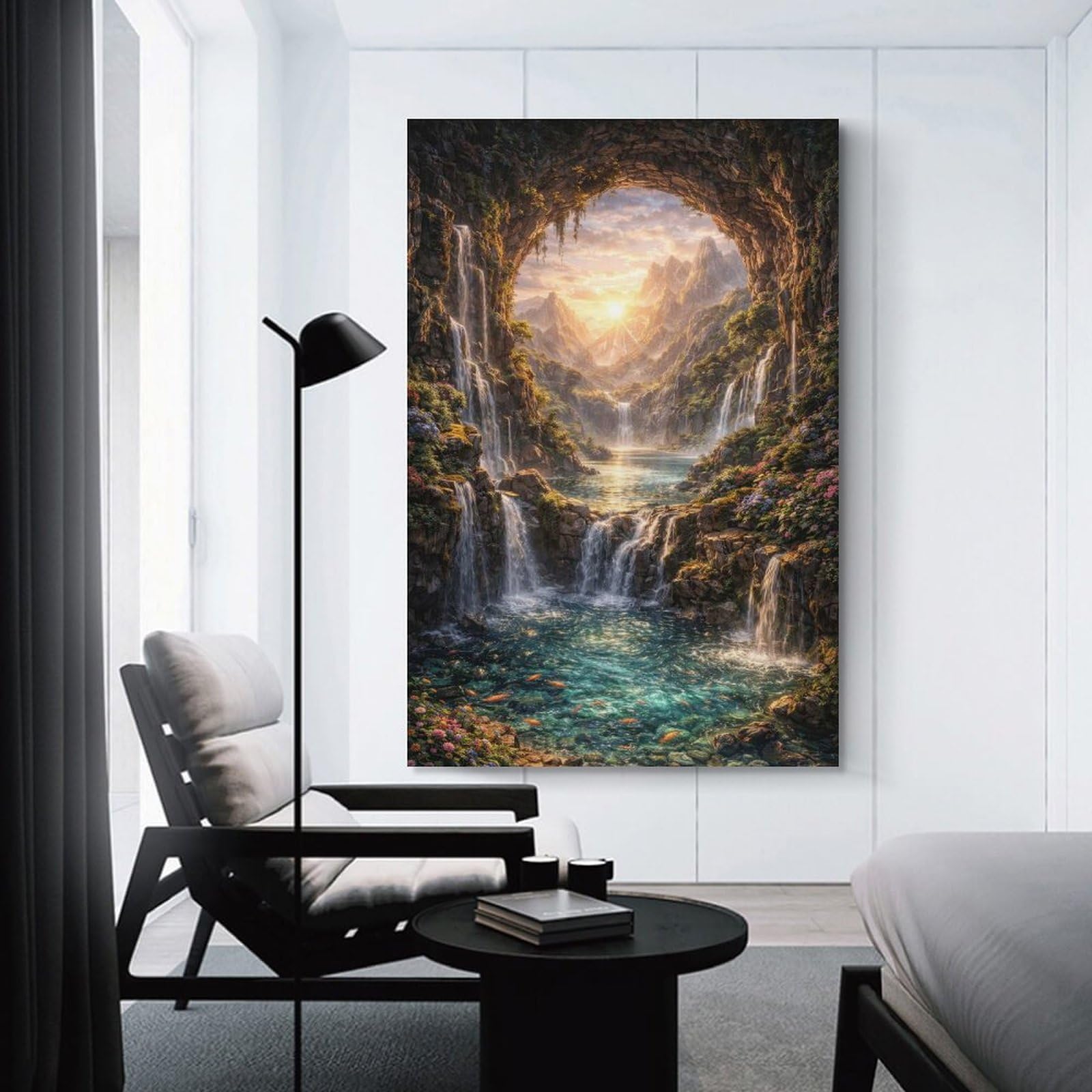 Junmoney Unframe-Style-11 Decorative Wall Artwork Waterfall Cave Landscape, 24X36inch(60X90cm), For Sofa Walls, Lounge Or Home Corners, Modern Wall Decor For Cosy Interiors