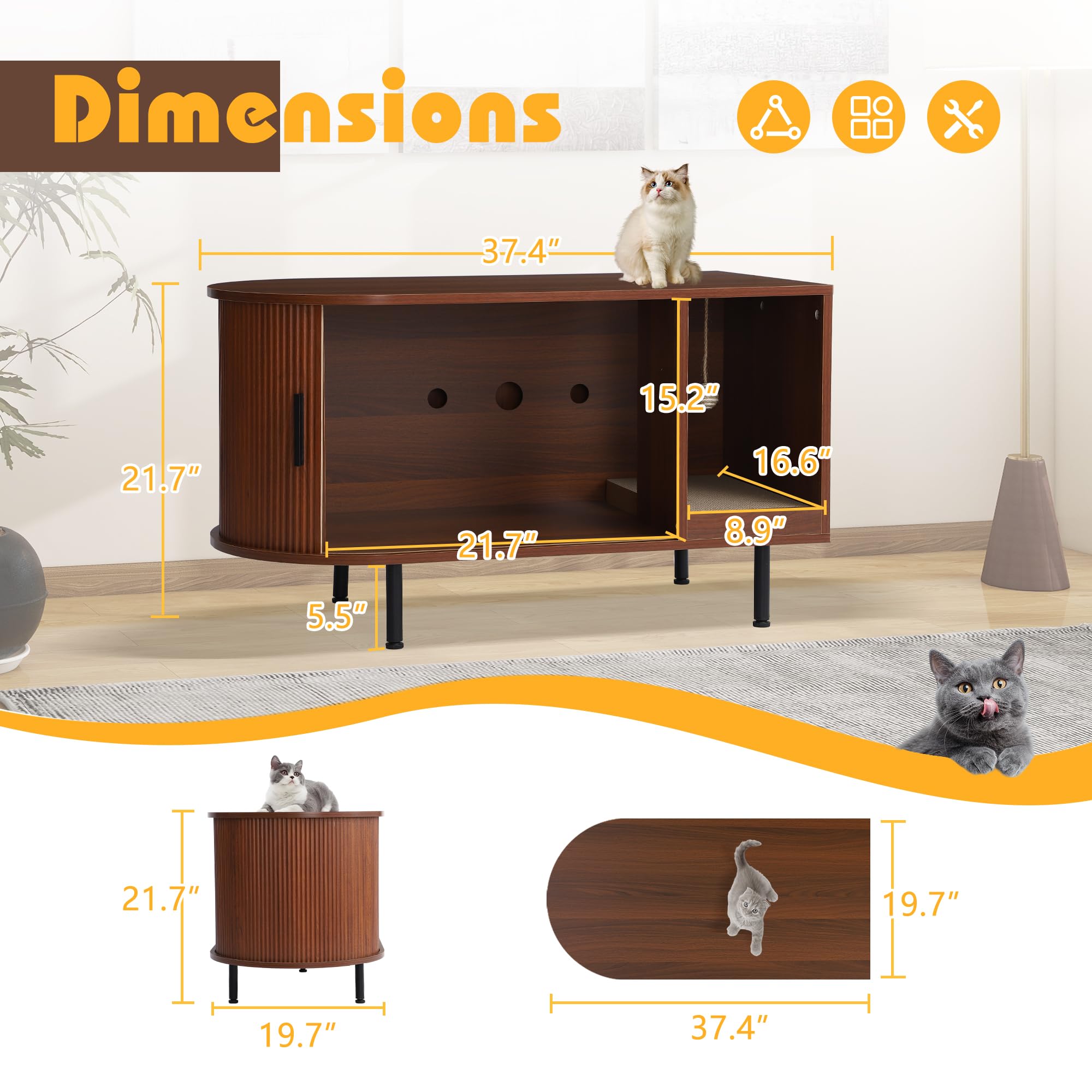 Cat Litter Box Enclosure, 37.4" Wooden Cat Washroom Furniture with Sliding Door, Fluted Hidden Litter Box Furniture with Scratch Pad and Sisal Ball, End Table TV Stand for Living Room (Brown) - image 2